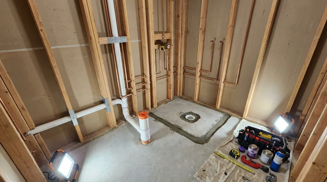 Bathroom rough-in plumbing during remodel by Johns Plumbing LLC in Geneva