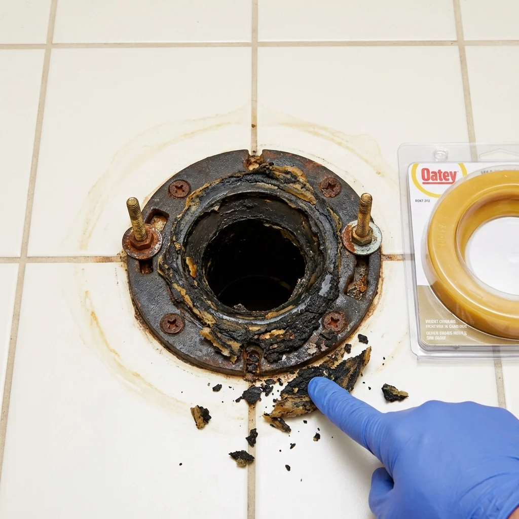 Failed wax ring showing water seepage at the base of a toilet in a Geneva, OH home
