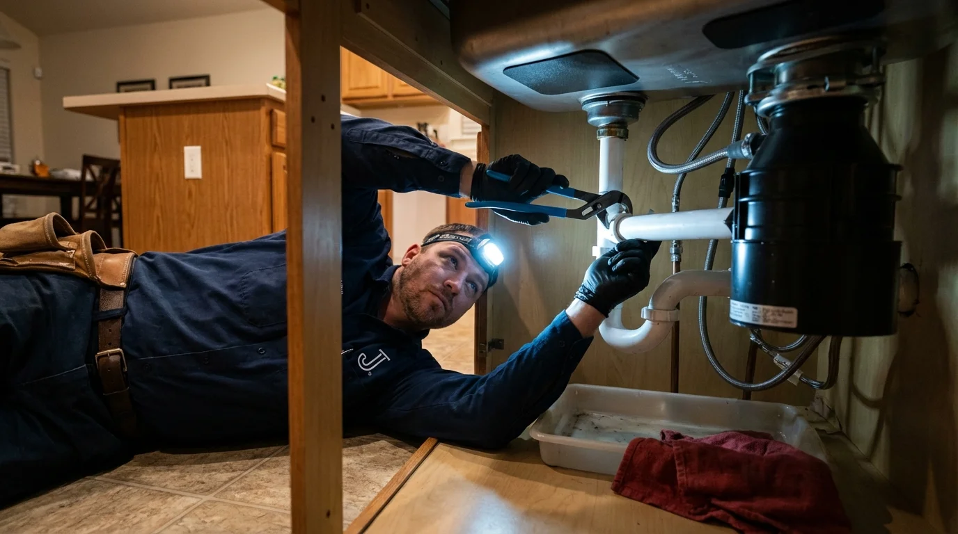 P-trap and supply line connections under a kitchen sink showing a common leak point in Geneva, OH